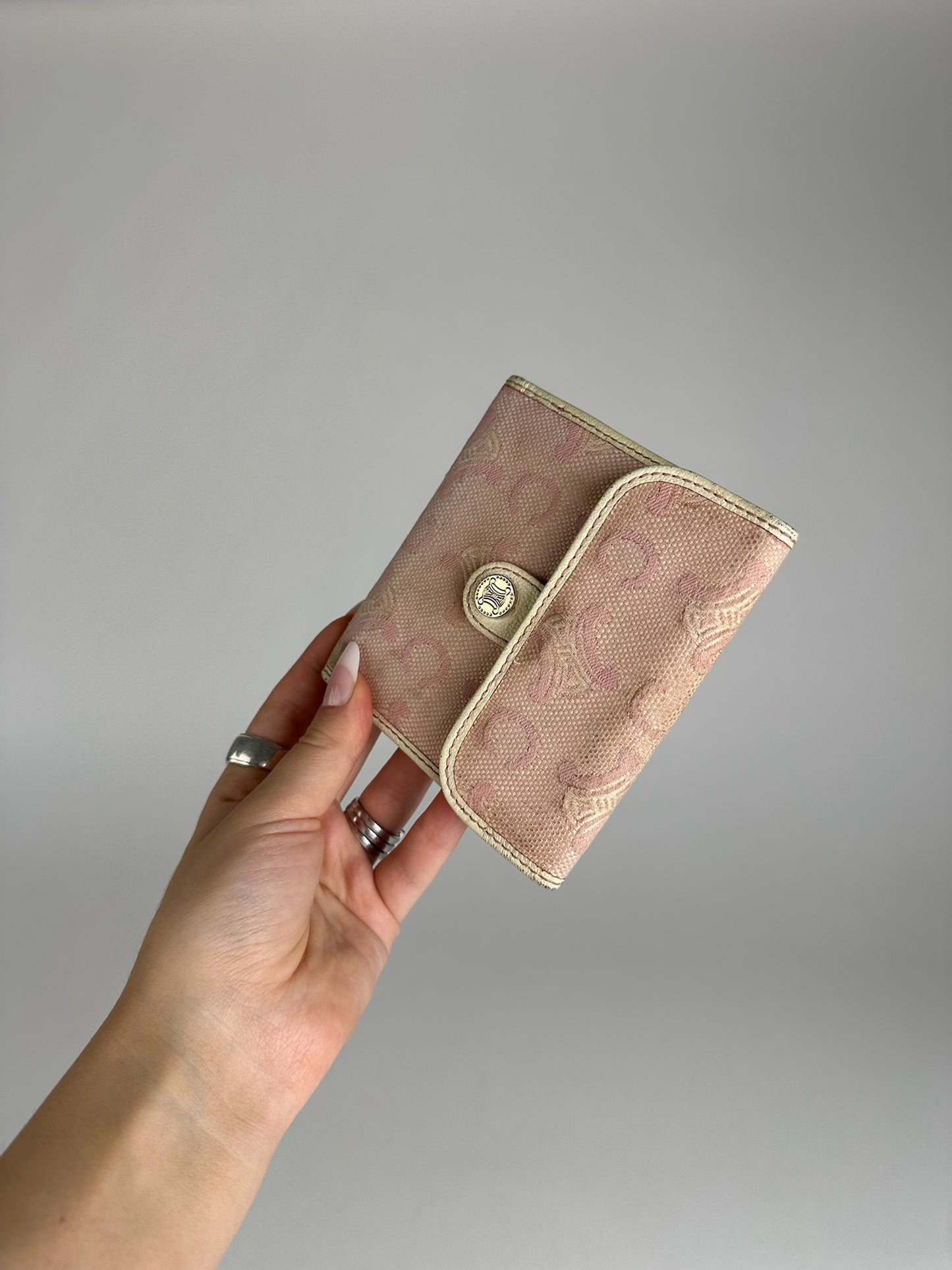 Vintage Celine Macadam Monogram Canvas Leather Wallet pink white
