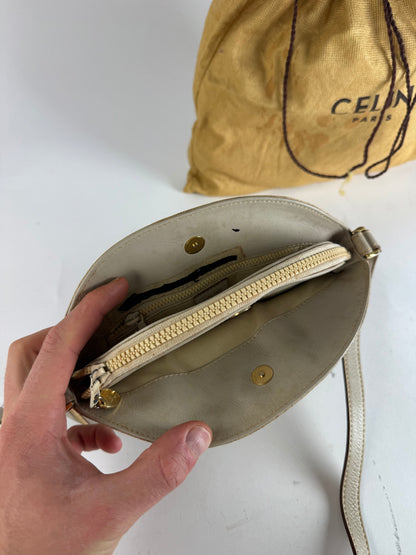 Vintage Celine Snake Emblossed Triomphe Leather Shoulder Bag White