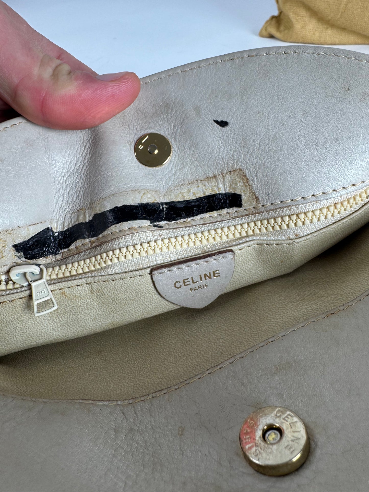 Vintage Celine Snake Emblossed Triomphe Leather Shoulder Bag White