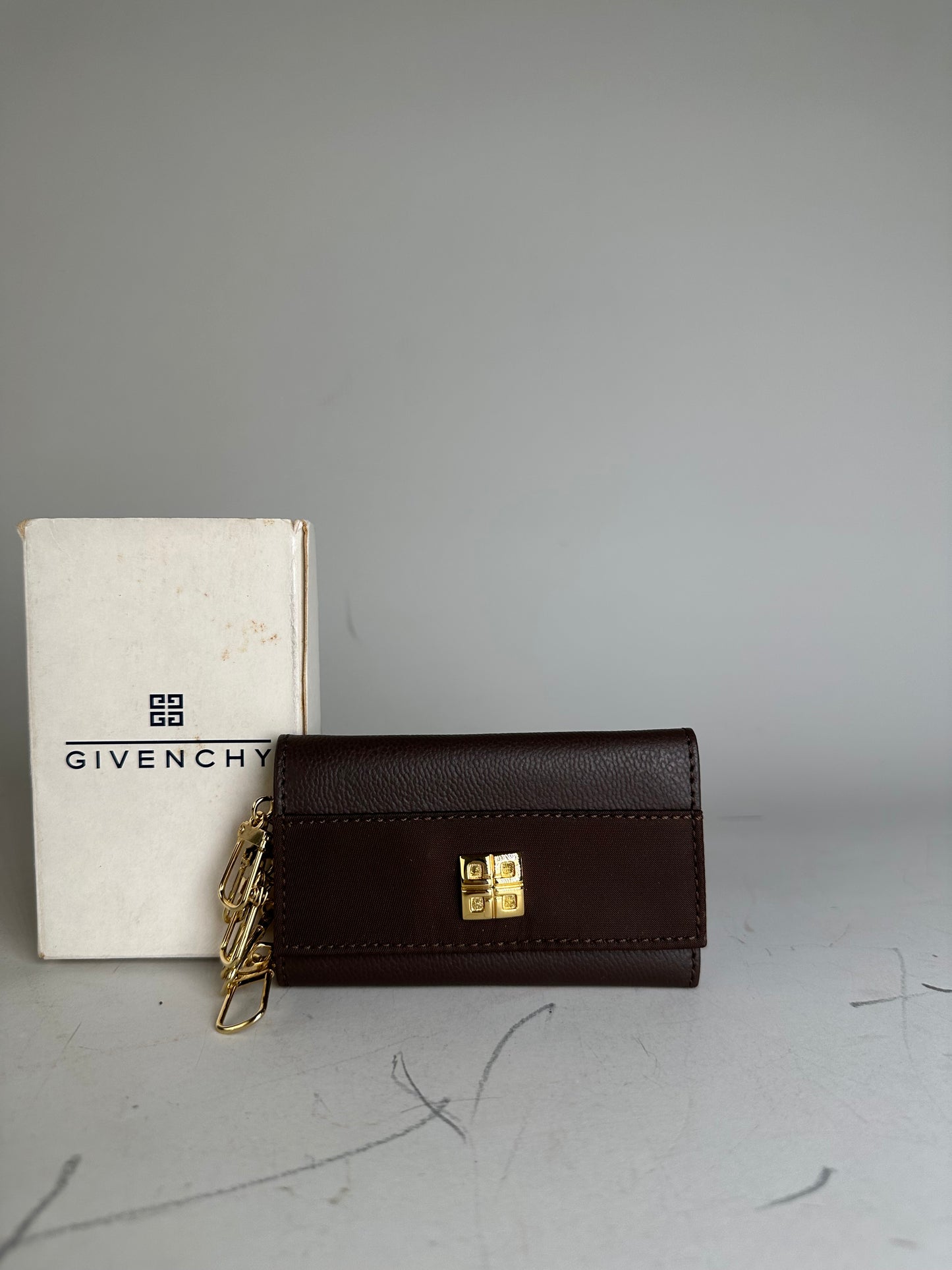 Vintage Givenchy Calfskin Leather Key Holder Dark Brown Gold