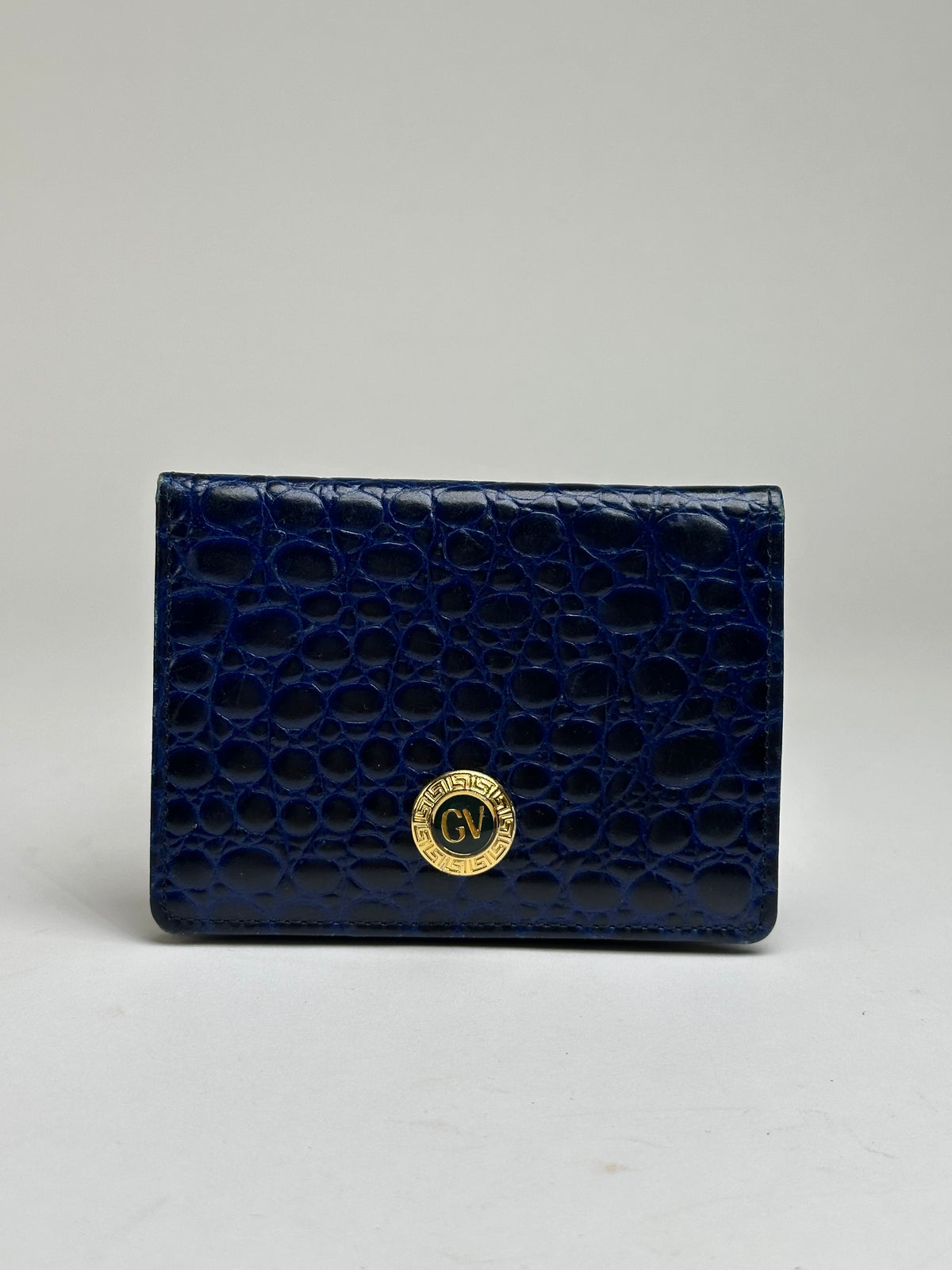 Vintage Versace Crocodile-Effect Bifold Wallet c. Early 1990s Navy