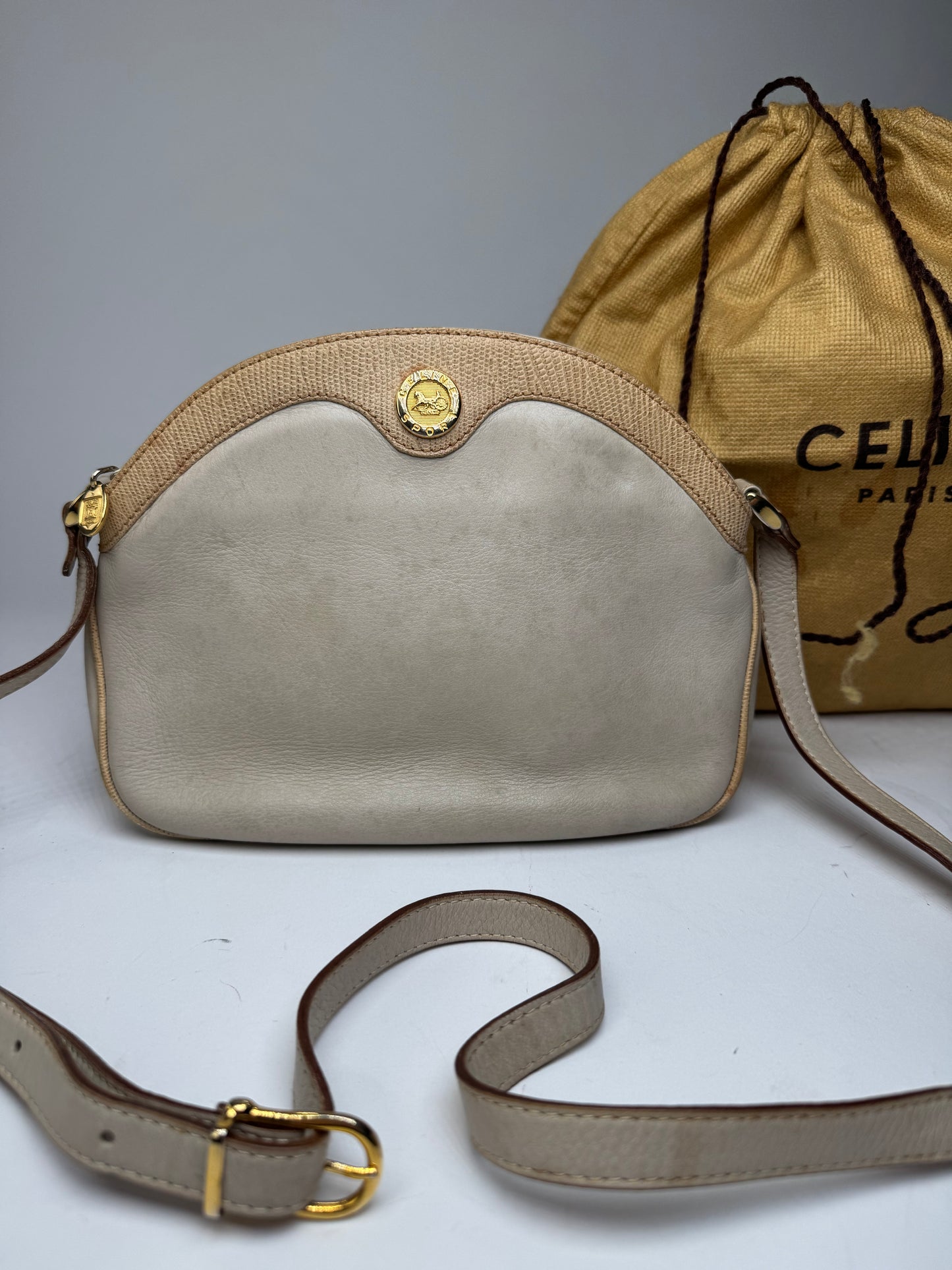 Vintage Celine Snake Emblossed Triomphe Leather Shoulder Bag White