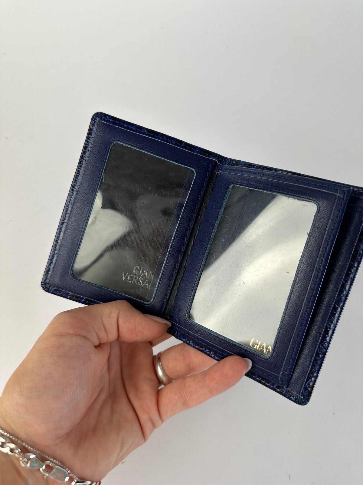 Vintage Versace Crocodile-Effect Bifold Wallet c. Early 1990s Navy