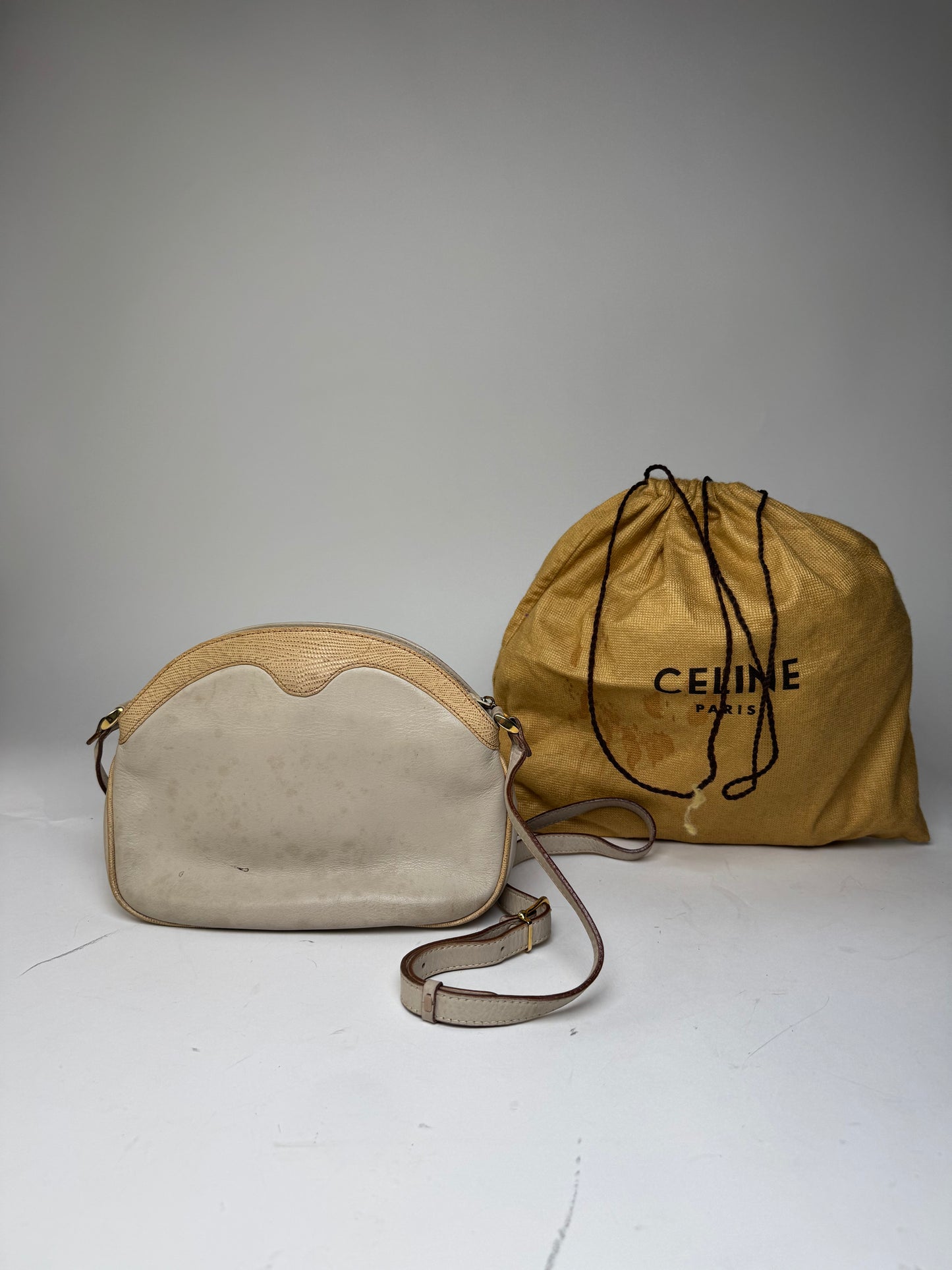 Vintage Celine Snake Emblossed Triomphe Leather Shoulder Bag White
