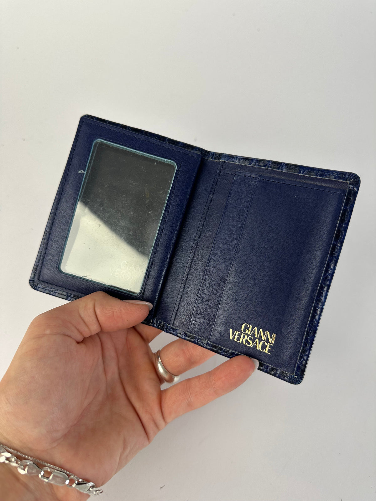 Vintage Versace Crocodile-Effect Bifold Wallet c. Early 1990s Navy