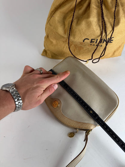 Vintage Celine Snake Emblossed Triomphe Leather Shoulder Bag White