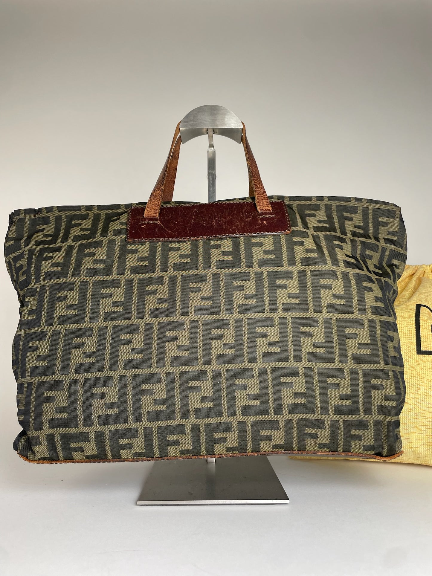 Vintage Fendi FF Monogram Canvas Leather Handbag Khaki Brown