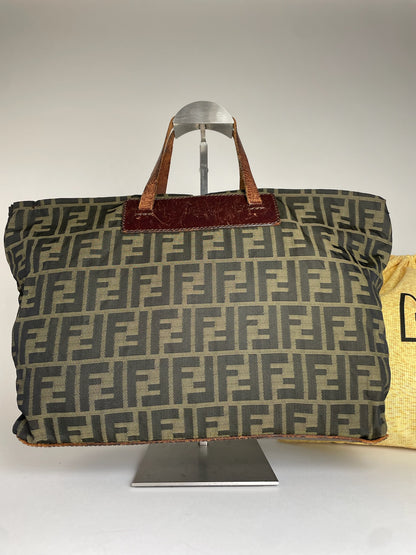 Vintage Fendi FF Monogram Canvas Leather Handbag Khaki Brown