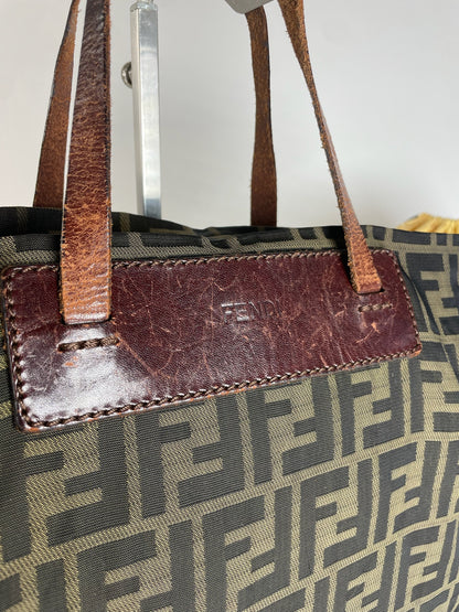 Vintage Fendi FF Monogram Canvas Leather Handbag Khaki Brown