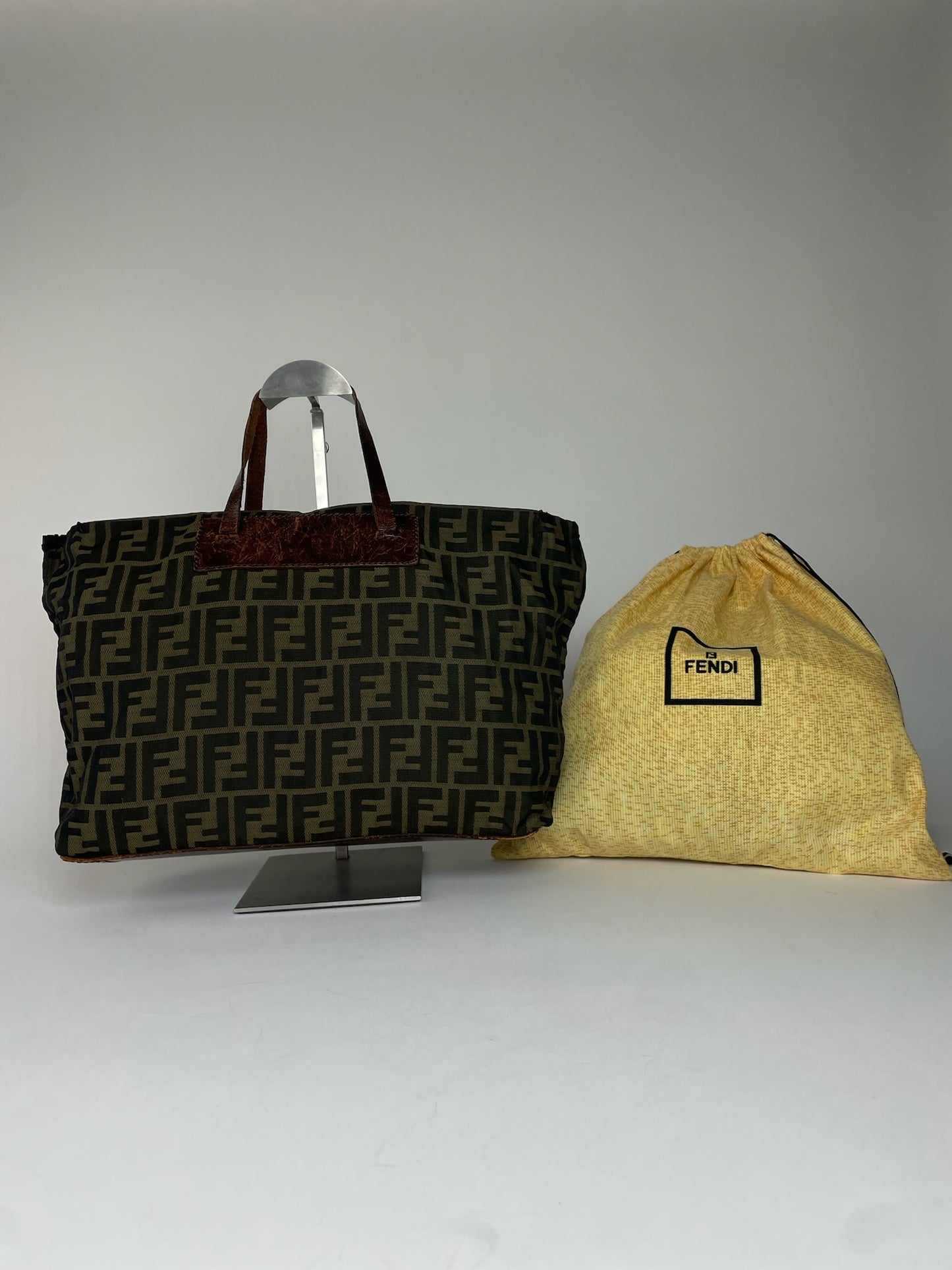 Vintage Fendi FF Monogram Canvas Leather Handbag Khaki Brown