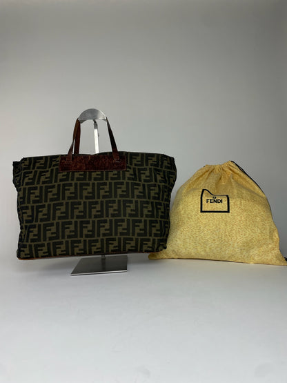 Vintage Fendi FF Monogram Canvas Leather Handbag Khaki Brown