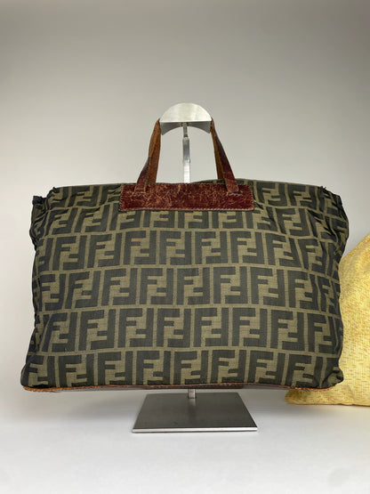 Vintage Fendi FF Monogram Canvas Leather Handbag Khaki Brown