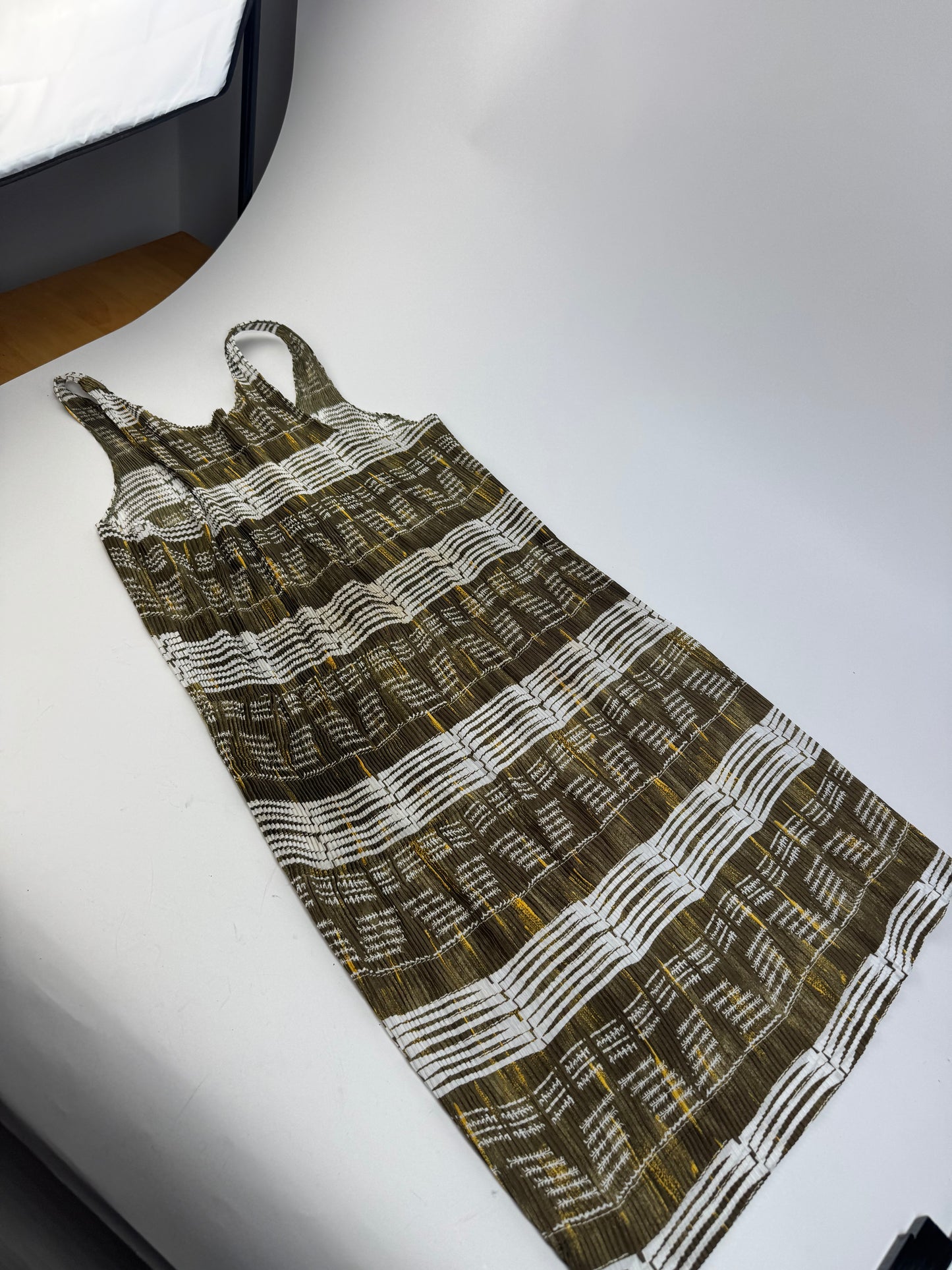 Vintage Issey Miyake Pleats Please Sleeveless Dress Olive Abstract Print