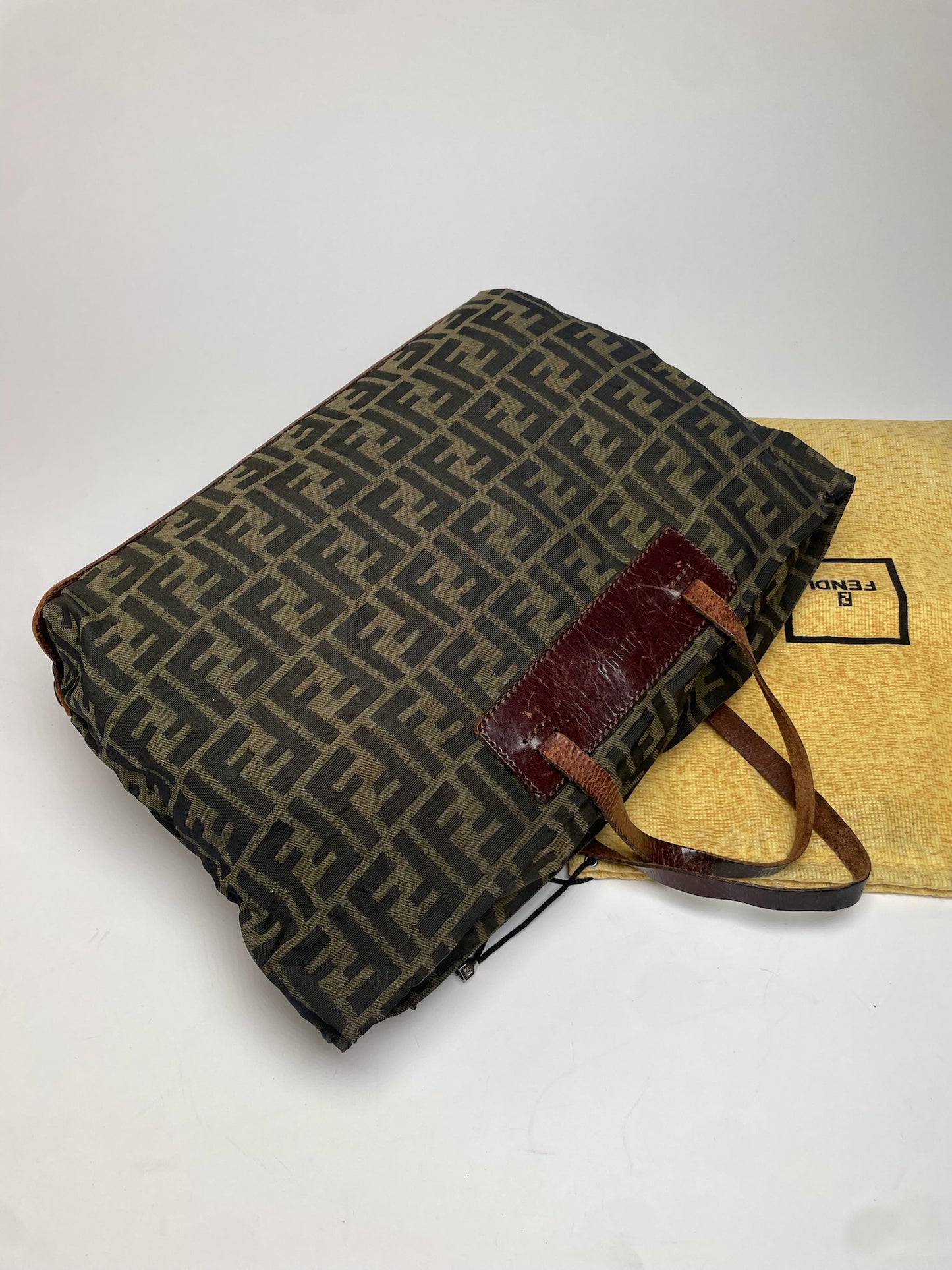 Vintage Fendi FF Monogram Canvas Leather Handbag Khaki Brown
