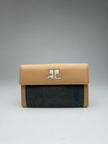 Vintage Courreges Leather Denim Wallet brown navy