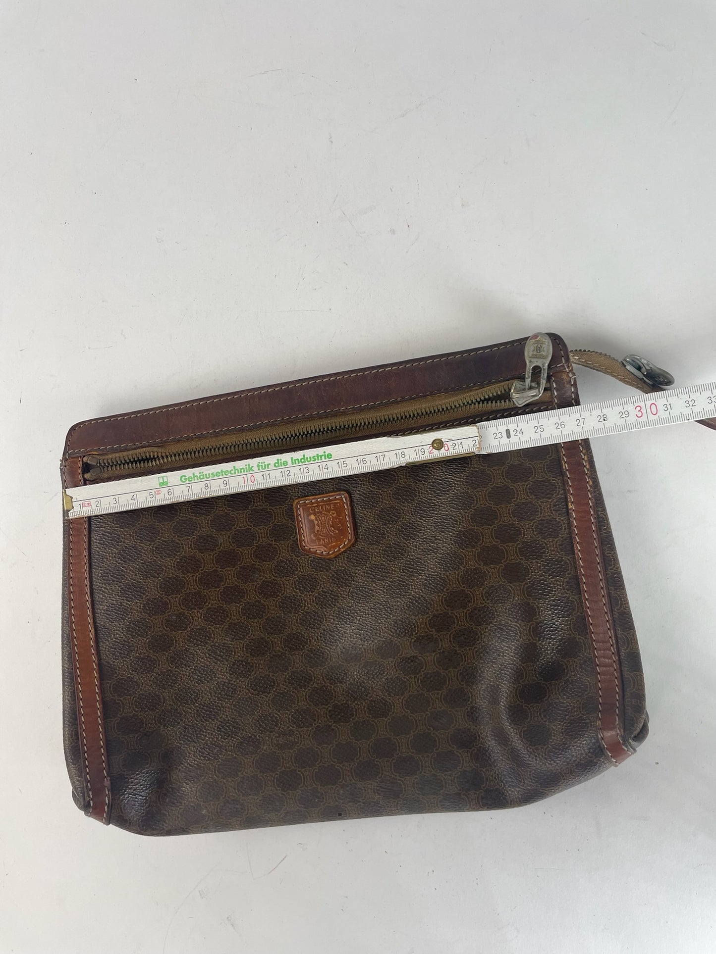 Vintage Celine Paris Triomphe Monogram Leather Clutch Brown