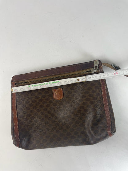 Vintage Celine Paris Triomphe Monogram Leather Clutch Brown