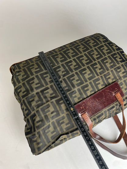 Vintage Fendi FF Monogram Canvas Leather Handbag Khaki Brown