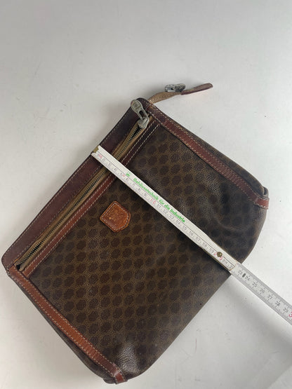 Vintage Celine Paris Triomphe Monogram Leather Clutch Brown