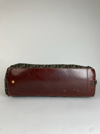 Vintage Fendi FF Monogram Canvas Leather Handbag Khaki Brown