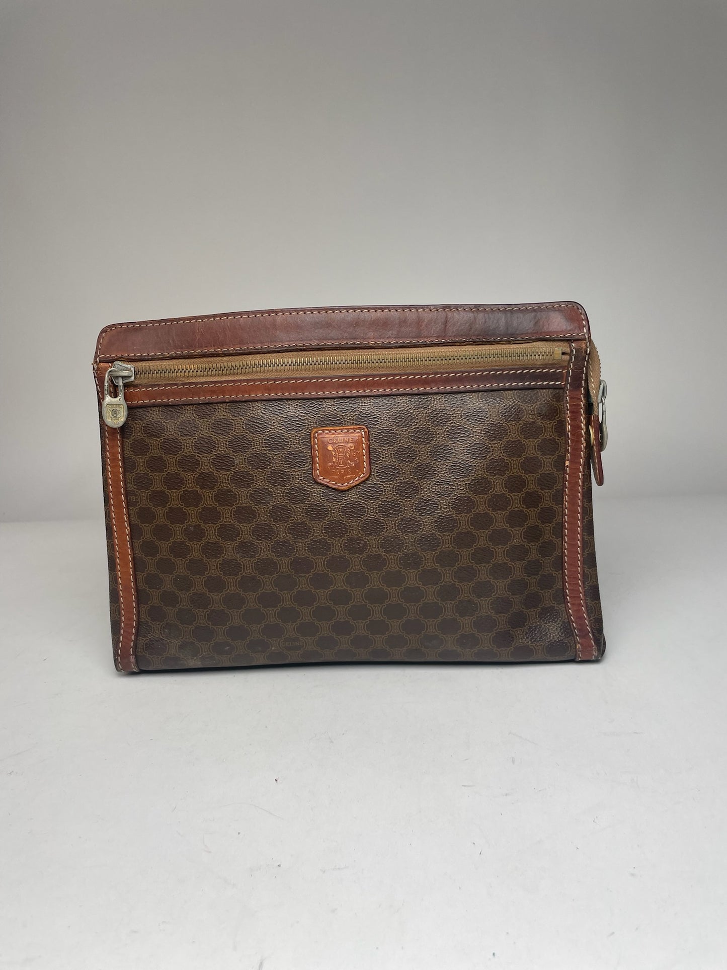 Vintage Celine Paris Triomphe Monogram Leather Clutch Brown