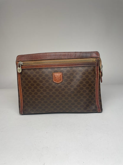 Vintage Celine Paris Triomphe Monogram Leather Clutch Brown
