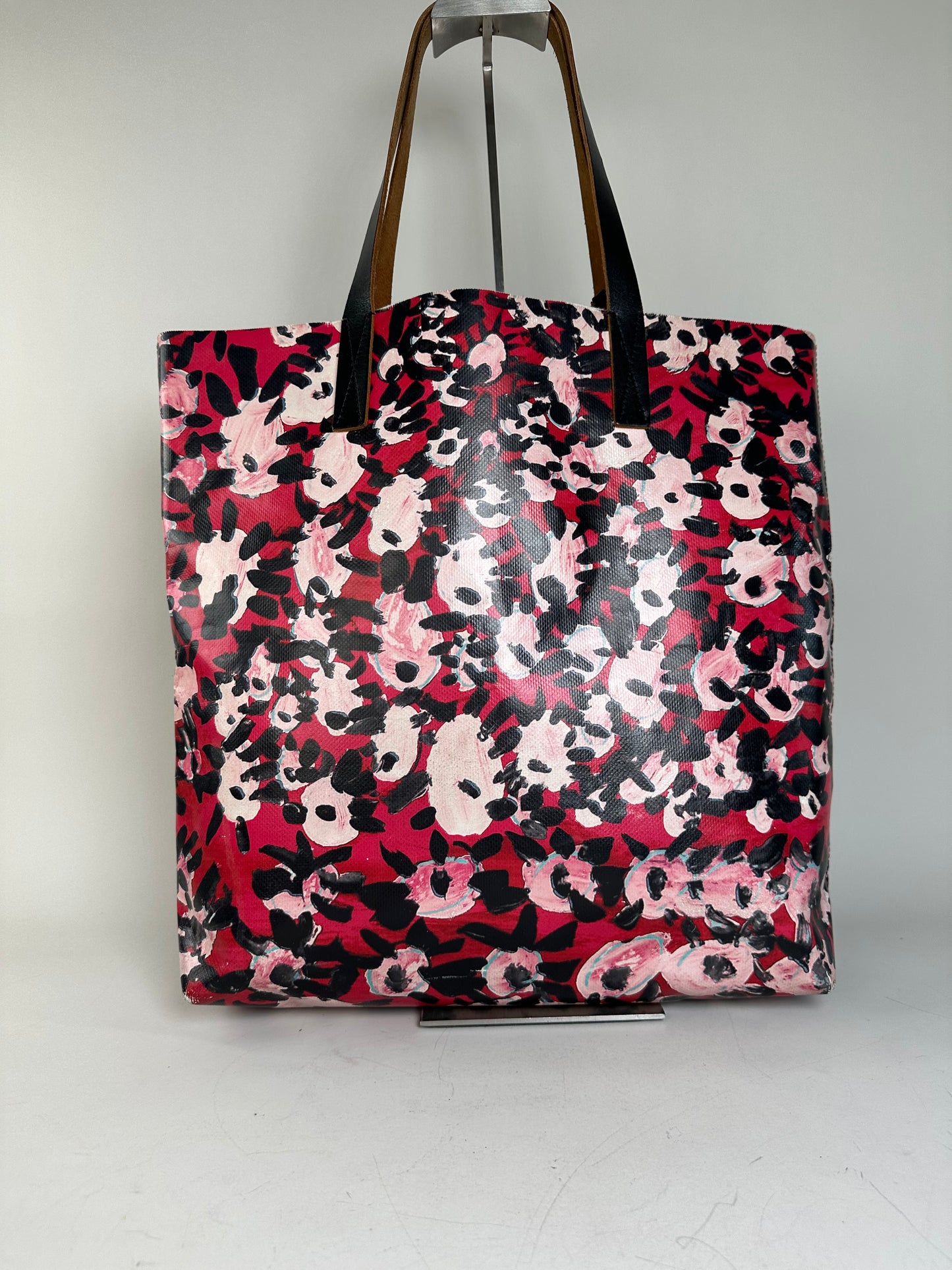 Vintage Marni Floral Coated Canvas Tote Red Pink Black