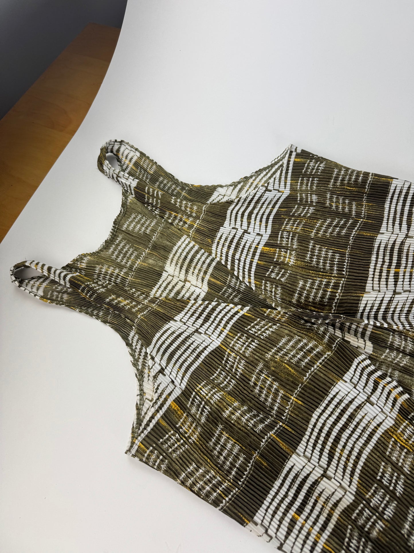 Vintage Issey Miyake Pleats Please Sleeveless Dress Olive Abstract Print