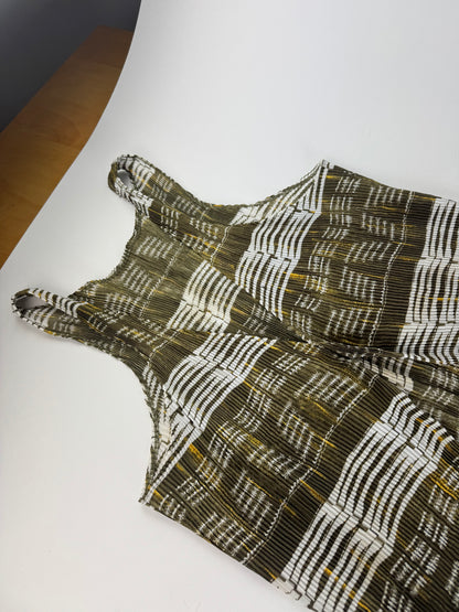 Vintage Issey Miyake Pleats Please Sleeveless Dress Olive Abstract Print