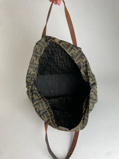 Vintage Fendi FF Monogram Canvas Leather Handbag Khaki Brown