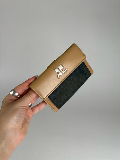 Vintage Courreges Leather Denim Wallet brown navy