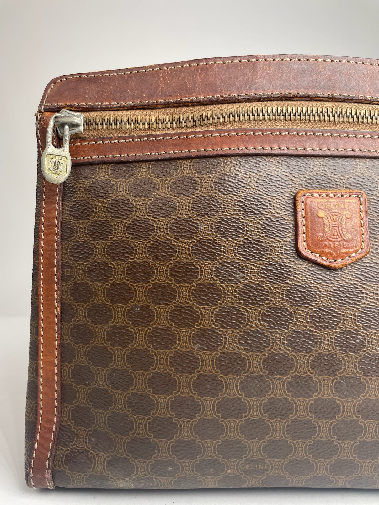 Vintage Celine Paris Triomphe Monogram Leather Clutch Brown