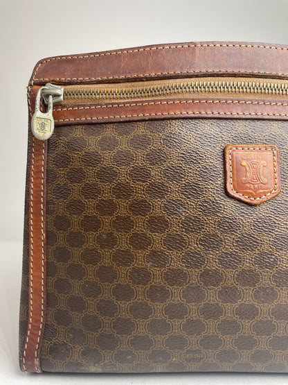 Vintage Celine Paris Triomphe Monogram Leather Clutch Brown