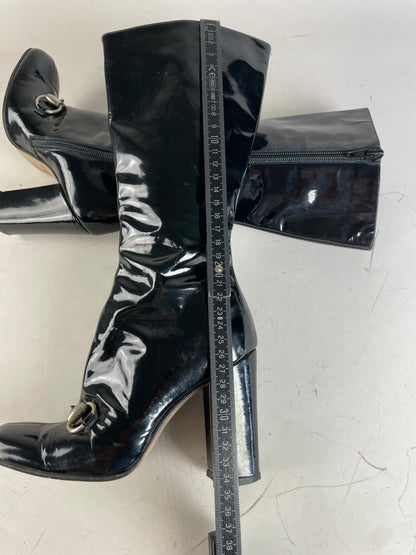 Vintage Gucci Patent Knee-High Boots Black Silver EU5