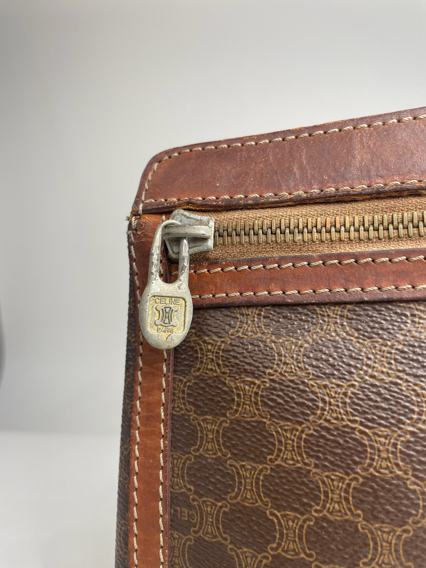 Vintage Celine Paris Triomphe Monogram Leather Clutch Brown