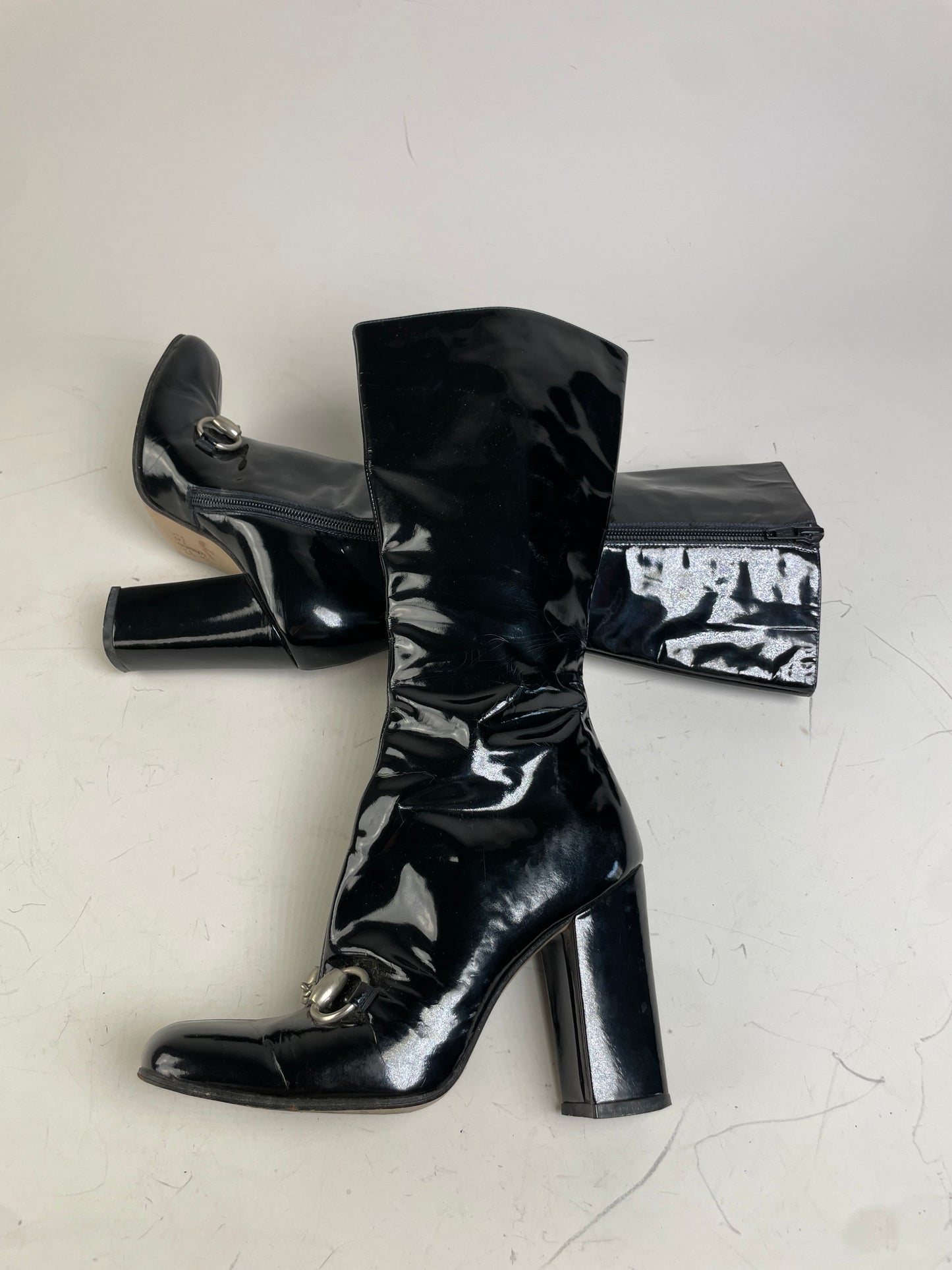 Vintage Gucci Patent Knee-High Boots Black Silver EU5