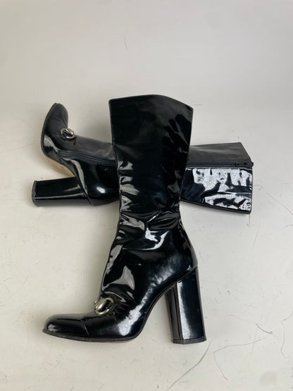 Vintage Gucci Patent Knee-High Boots Black Silver EU5