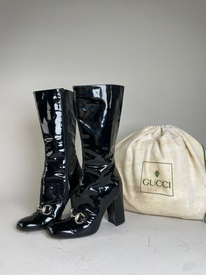 Vintage Gucci Patent Knee-High Boots Black Silver EU5