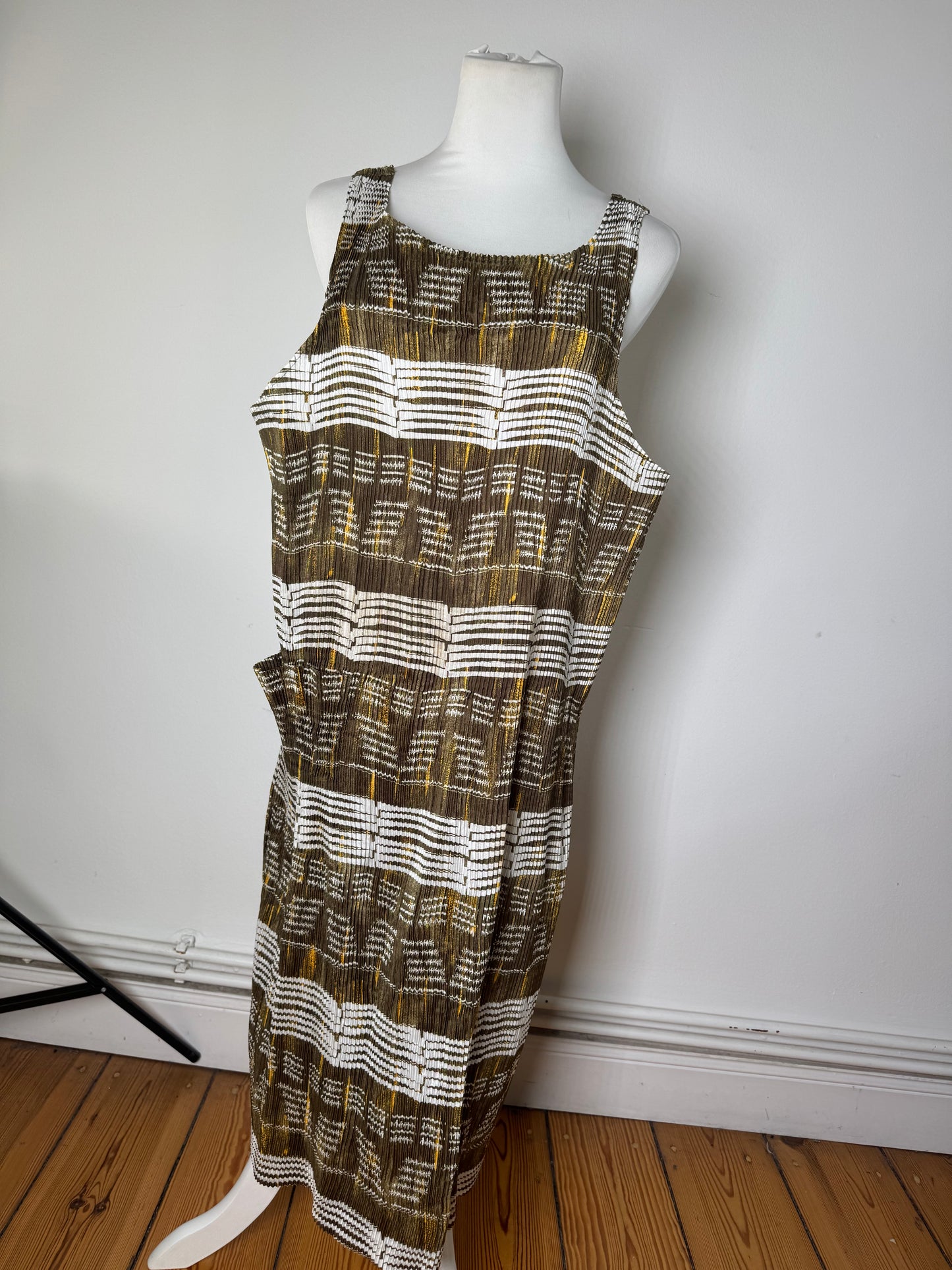 Vintage Issey Miyake Pleats Please Sleeveless Dress Olive Abstract Print