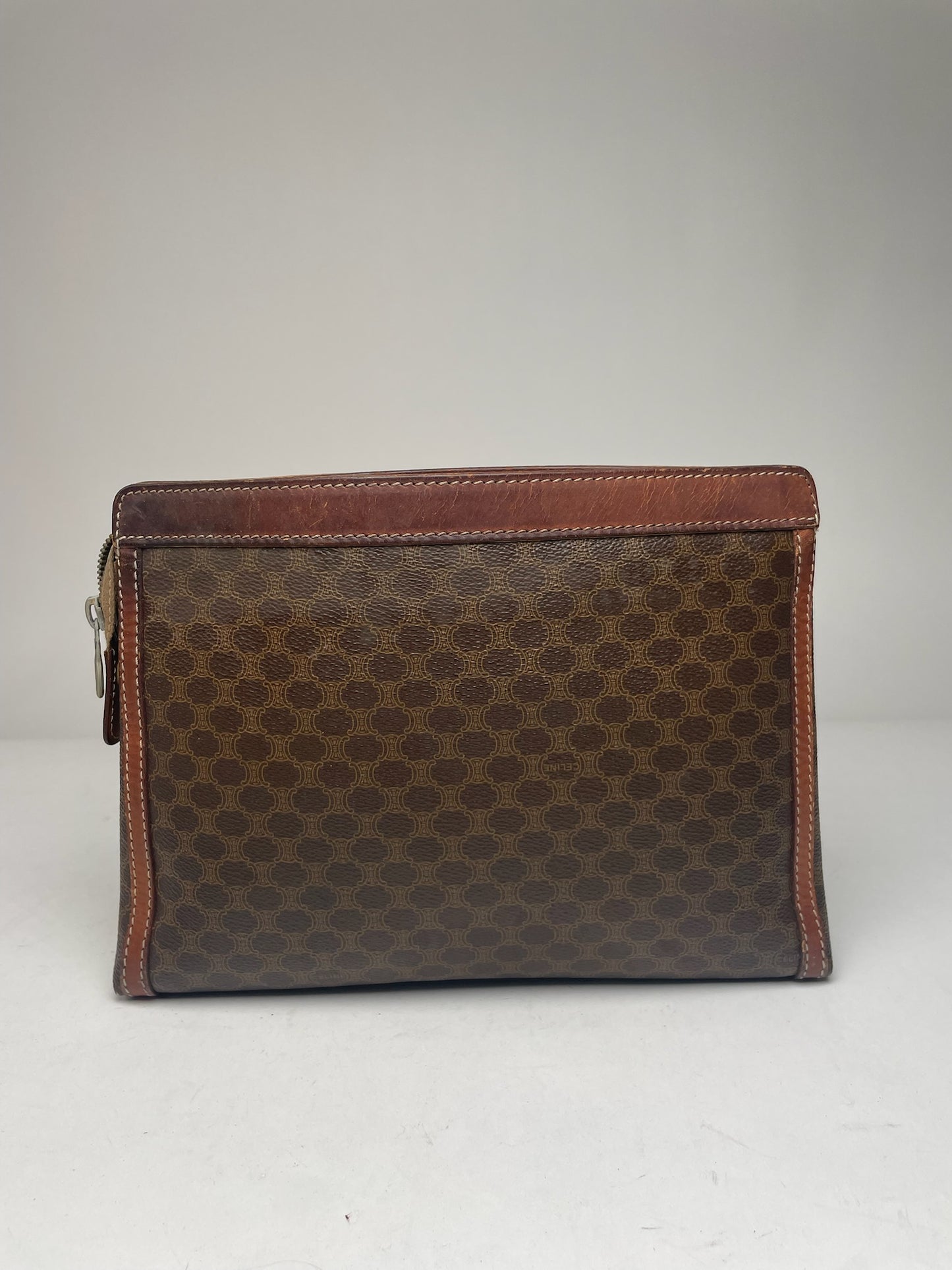 Vintage Celine Paris Triomphe Monogram Leather Clutch Brown
