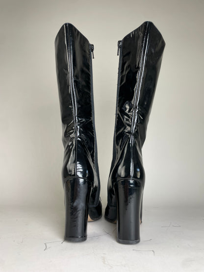 Vintage Gucci Patent Knee-High Boots Black Silver EU5