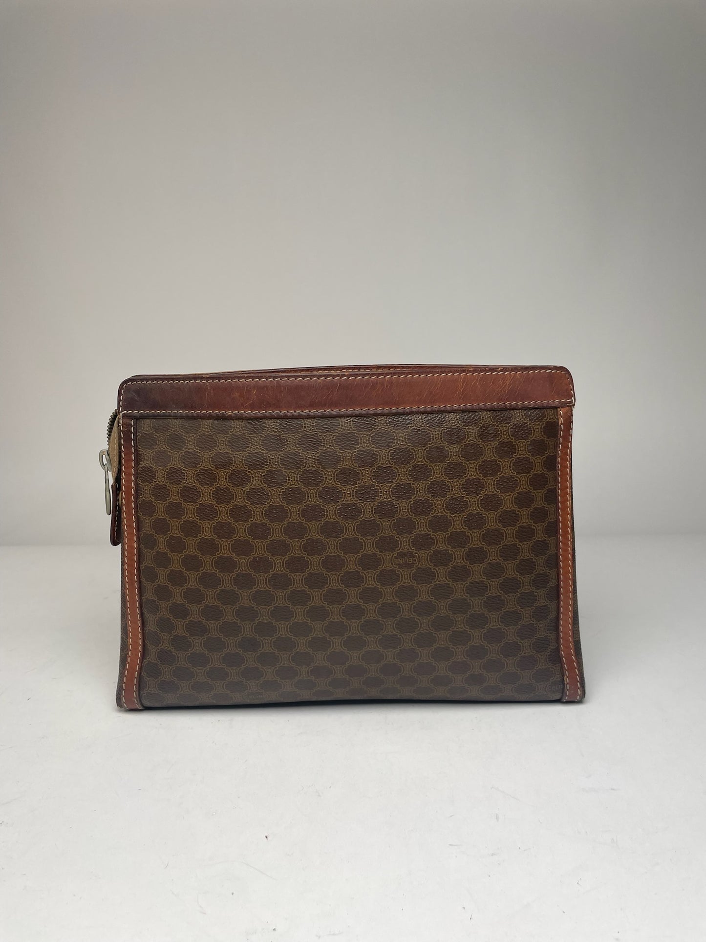 Vintage Celine Paris Triomphe Monogram Leather Clutch Brown