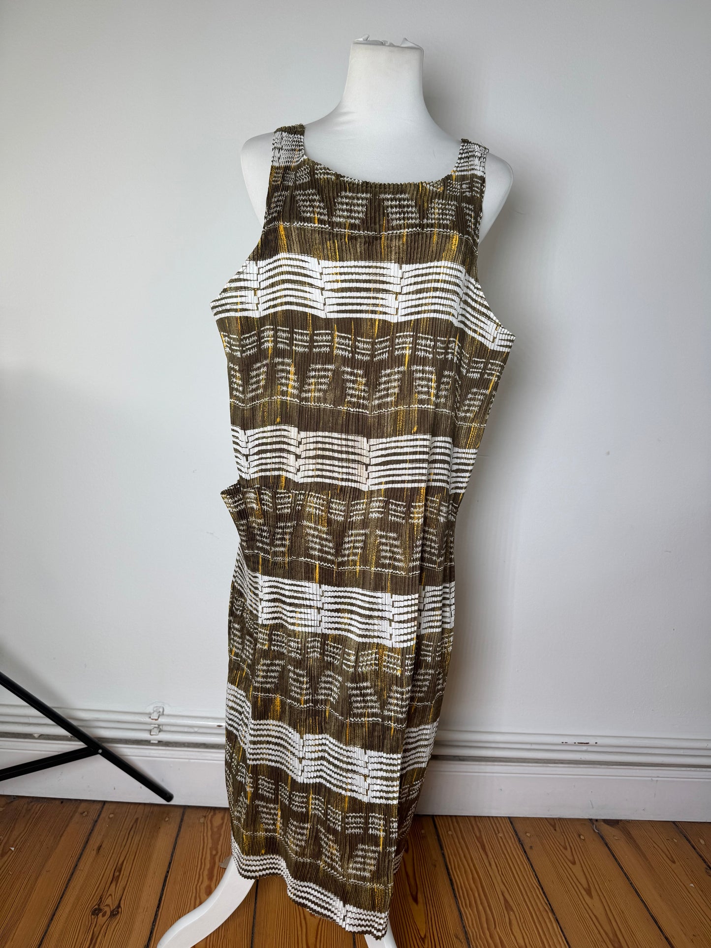 Vintage Issey Miyake Pleats Please Sleeveless Dress Olive Abstract Print