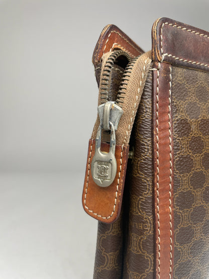 Vintage Celine Paris Triomphe Monogram Leather Clutch Brown