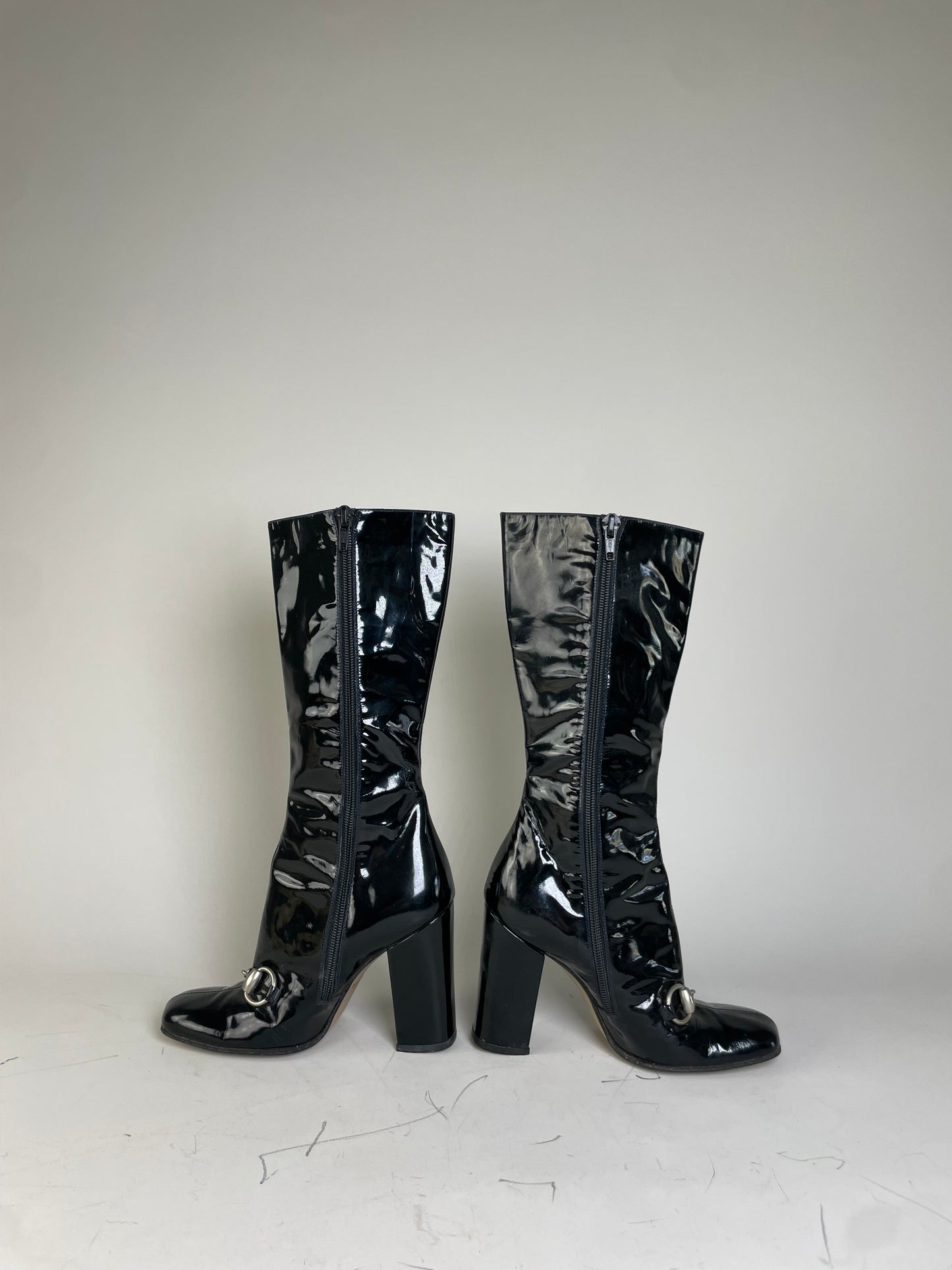 Vintage Gucci Patent Knee-High Boots Black Silver EU5