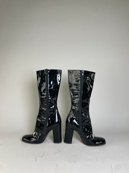 Vintage Gucci Patent Knee-High Boots Black Silver EU5
