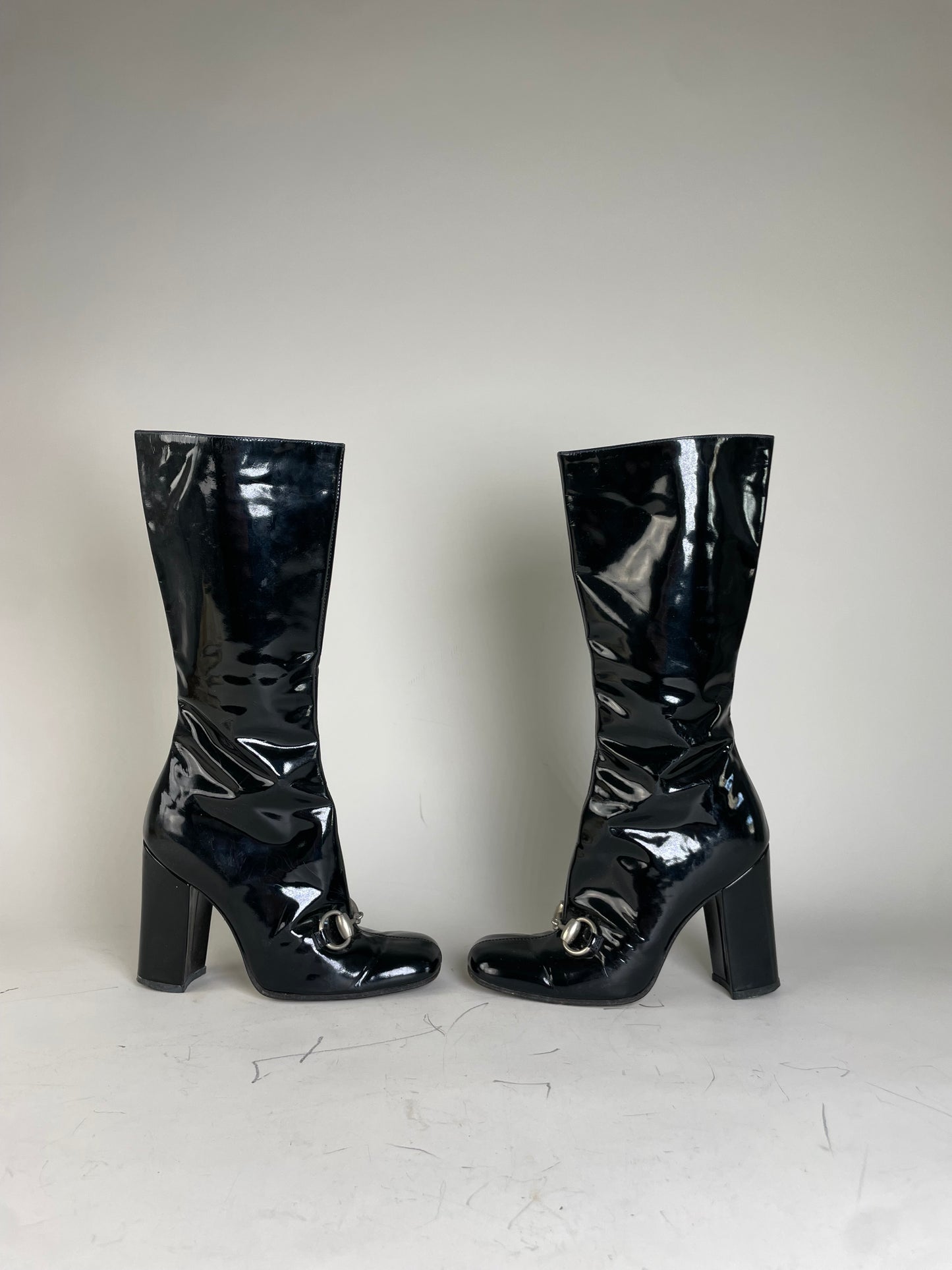 Vintage Gucci Patent Knee-High Boots Black Silver EU5