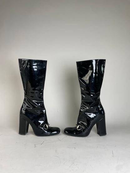 Vintage Gucci Patent Knee-High Boots Black Silver EU5