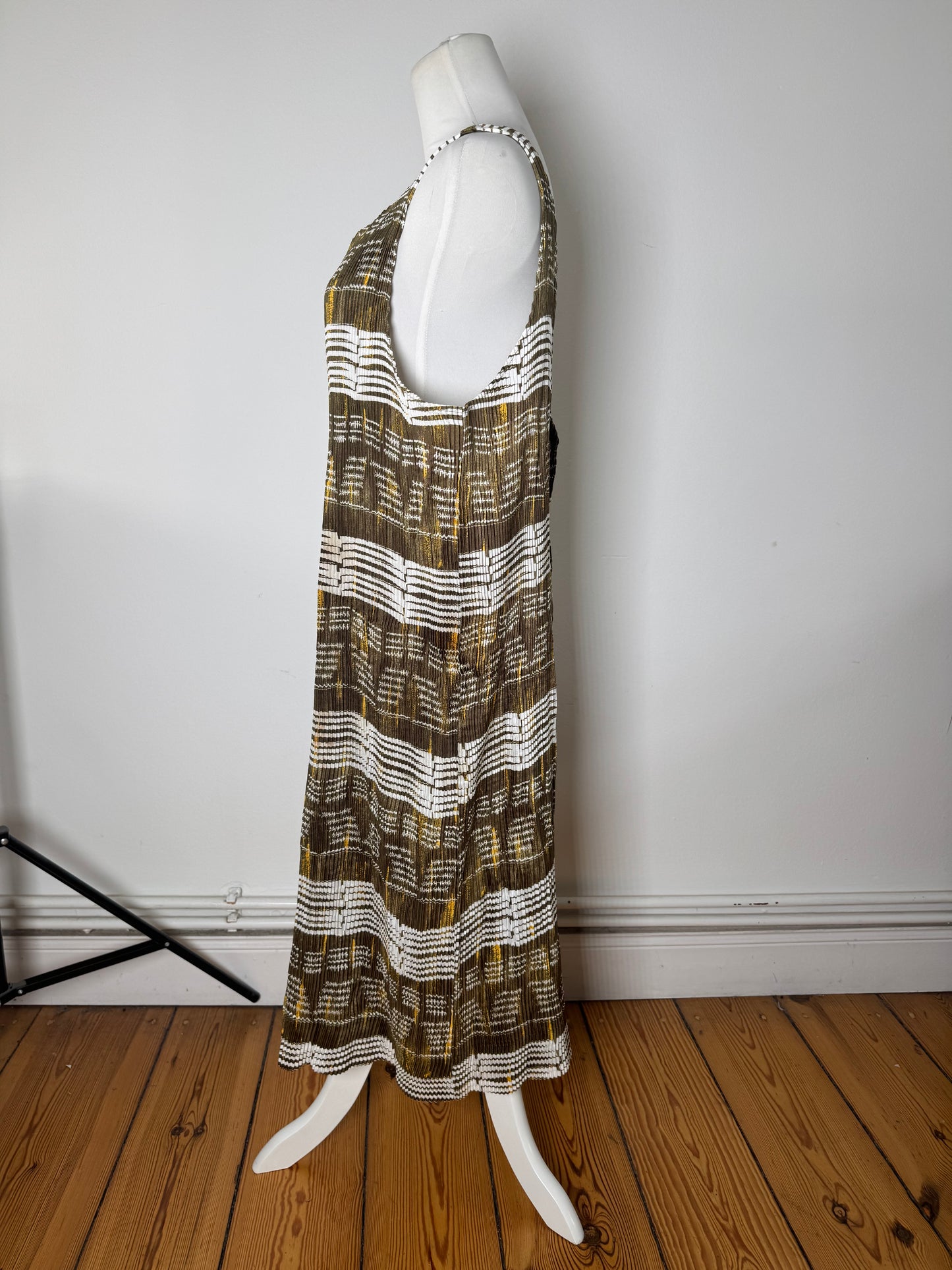 Vintage Issey Miyake Pleats Please Sleeveless Dress Olive Abstract Print
