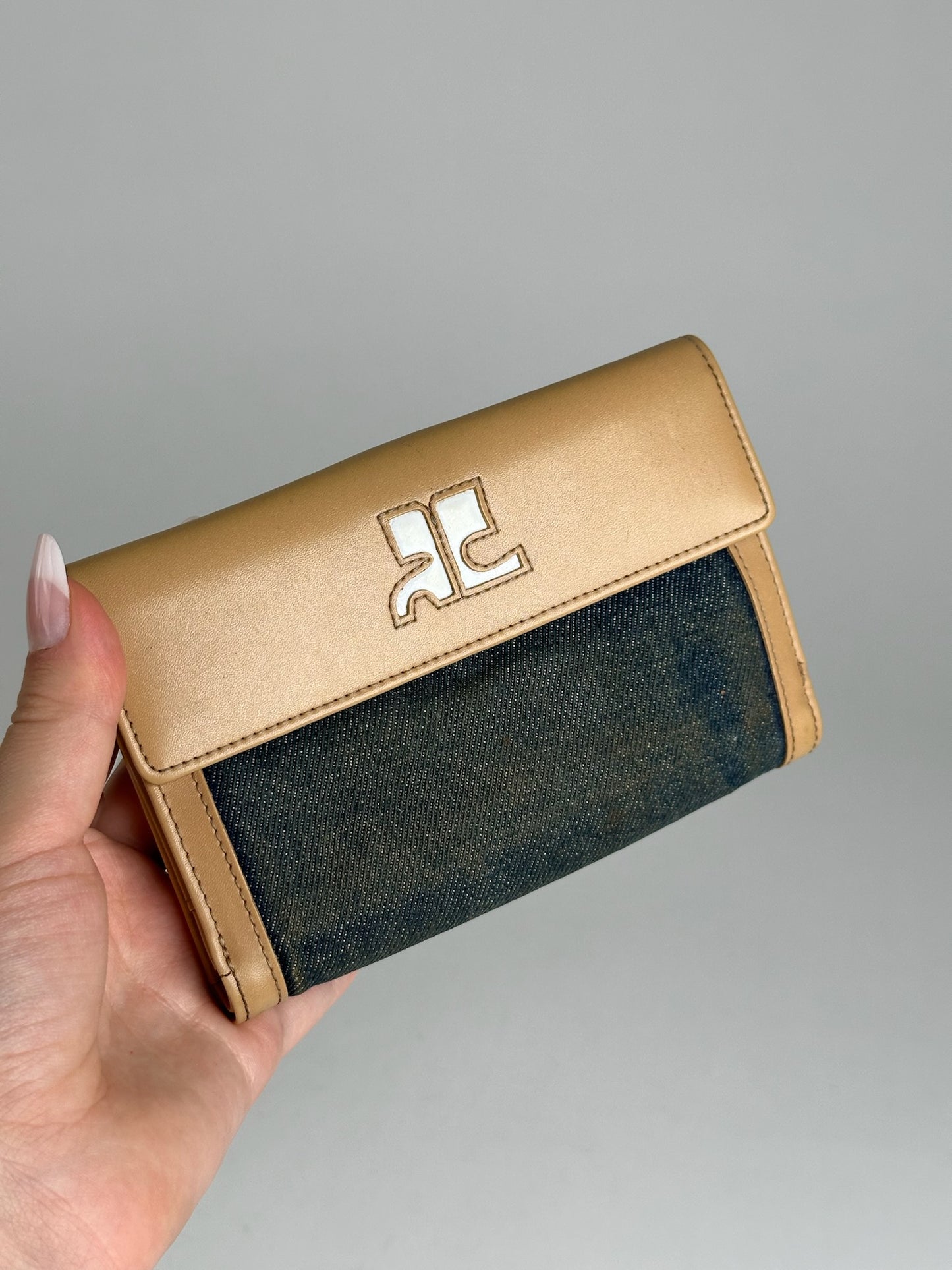 Vintage Courreges Leather Denim Wallet brown navy